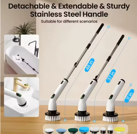 9-in-1 USB Rechargeable Electric Cleaning Brush Telescopic Handle 8 Brush Heads Multi-Surface Cleaner for Home