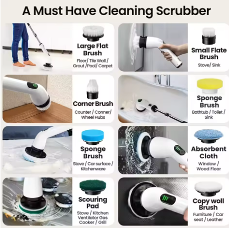 9-in-1 USB Rechargeable Electric Cleaning Brush Telescopic Handle 8 Brush Heads Multi-Surface Cleaner for Home